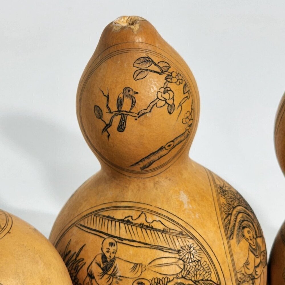 Handcrafted Etched Calabash Gourds Chinese Lanzhou Intricate Calligraphy Vintage - Picture 3 of 12